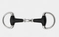 A black and silver horse bit with a polished steel finish and black rubberized cheek pieces, shown against a light gray background.