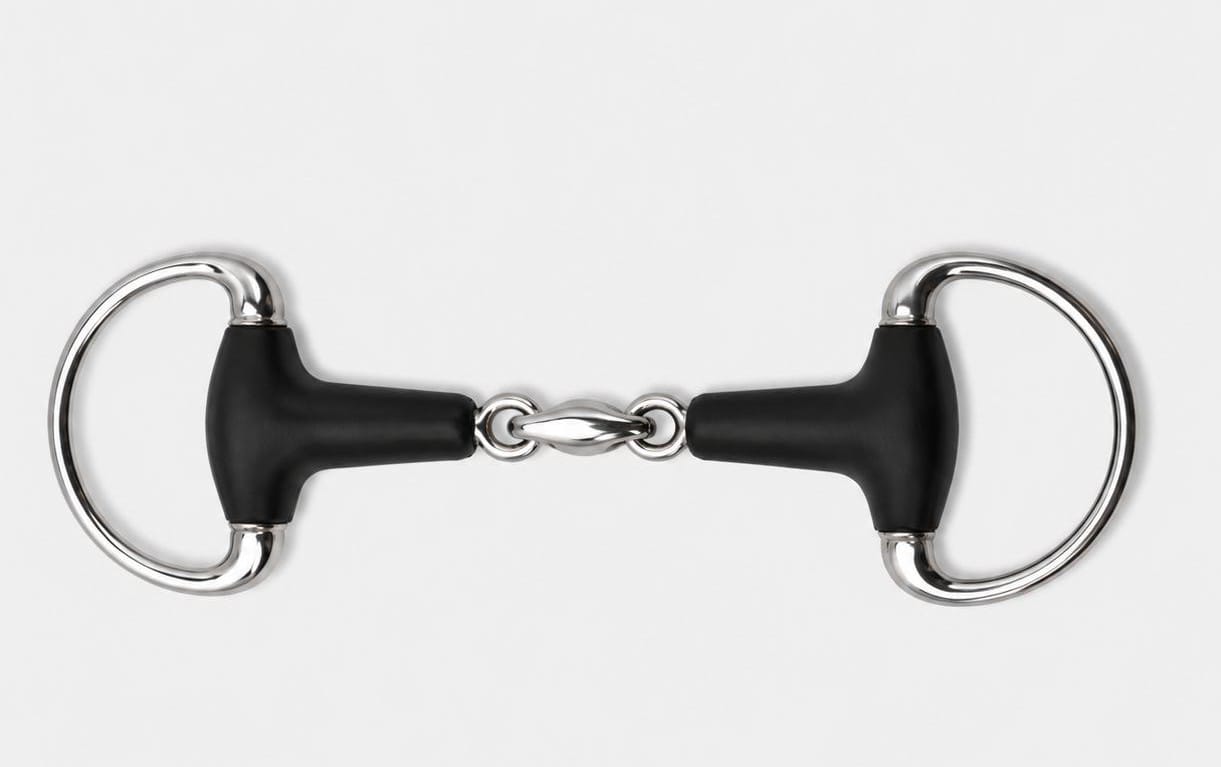 A black and silver horse bit with a polished steel finish and black rubberized cheek pieces, shown against a light gray background.