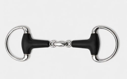 A black and silver horse bit with a polished steel finish and black rubberized cheek pieces, shown against a light gray background.
